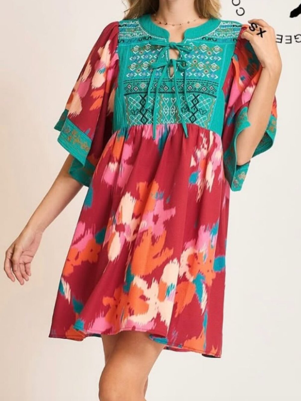 Umgee Bohemian Babydoll Aztec Boho Embroidered Peasant Dress Flowy Colorful Sz M